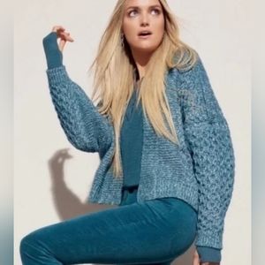 CAbi Astral Cropped Cable Knit Cardigan Sweater, Medium, Celestial Blue
